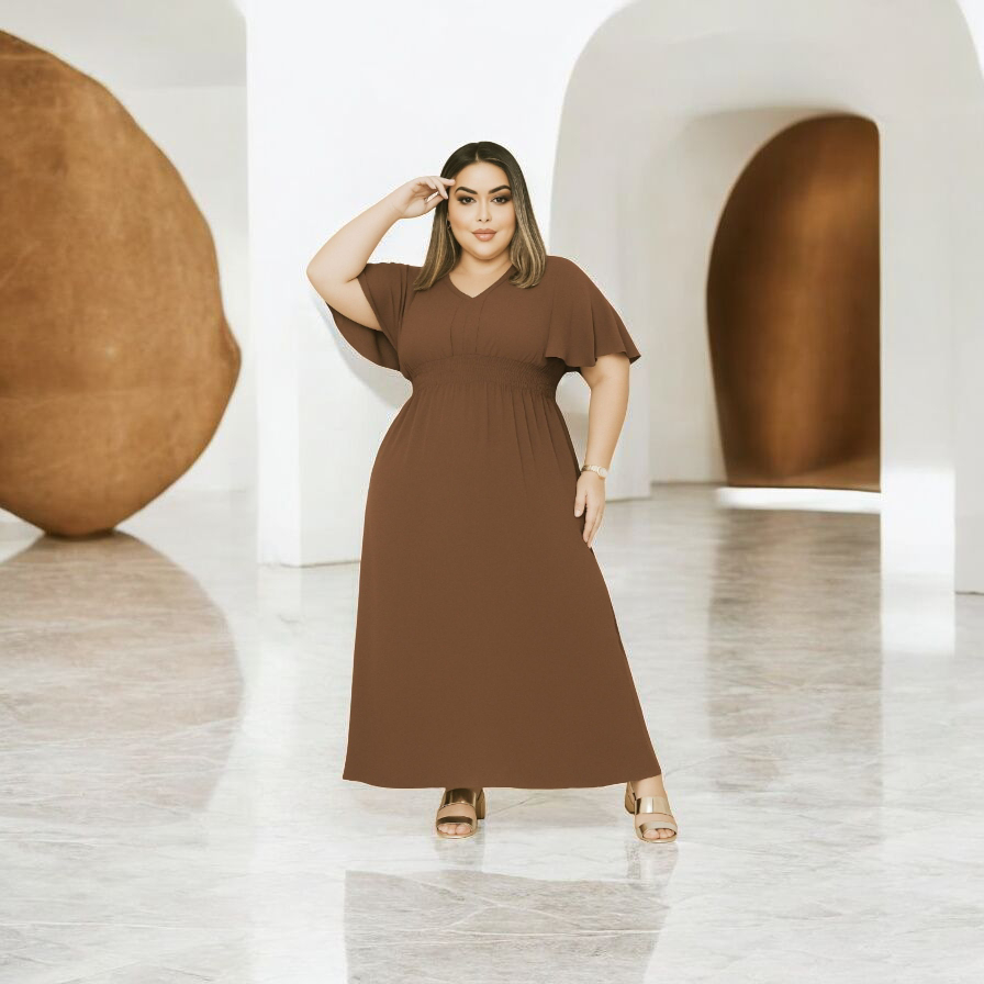 Vestido Longo Femenino Plus Size Lastex Na Cintura Manga Morcego Fluida TECIDO DUNA