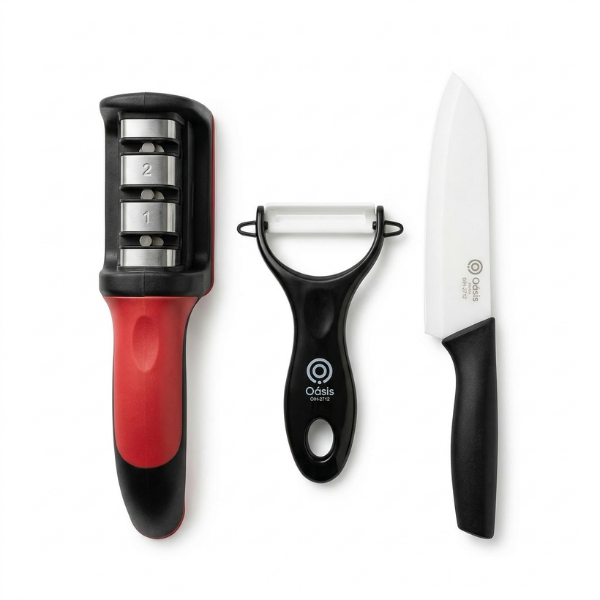 Kit 3 Utensílios Cozinha Oásis: Afiador 3 Estágios + Faca Anti-Oxidante + Descascador Ergonômico