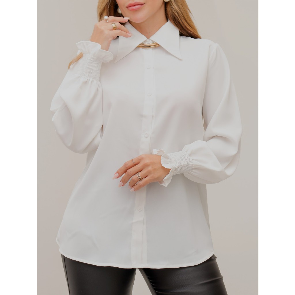 Camisa Branco Blusa Feminina Social Manga Longa Gola Elegante Botão Casual 3RD SD1911