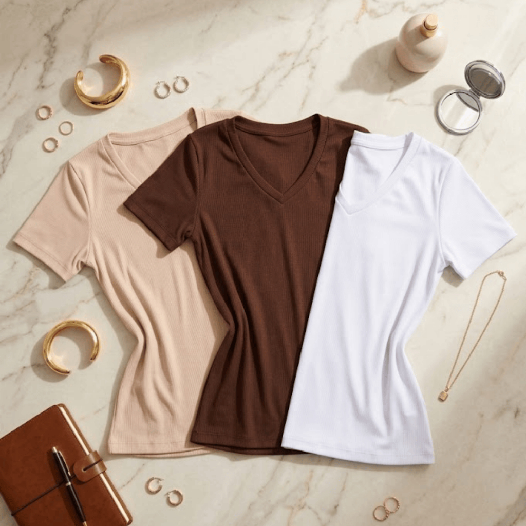 Kit 3 T-Shirt Feminina Canelada Decote V com Malha Macia Ajuste Perfeito Look Casual Moderno Rotina
