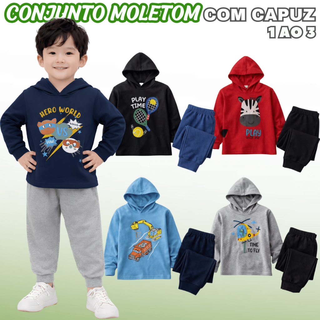 Conjunto Capuz Moletom Inverno Masculino Tam 1 ao 3 Estampados Confortável Gatinho Escola Macio Frio