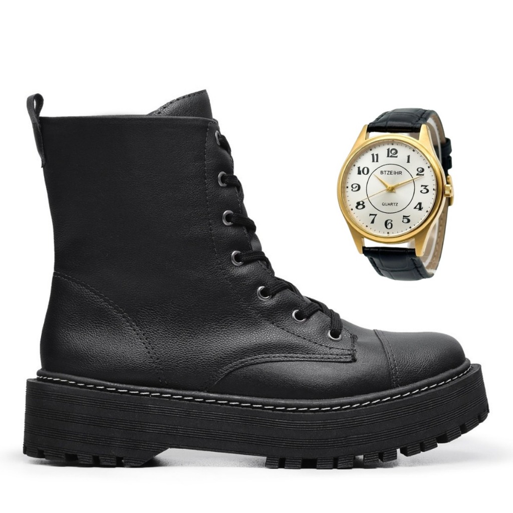 Bota Coturno Feminino Falcucci Cano Curto Sola Tratorada Blogueira Confortável + Relógio