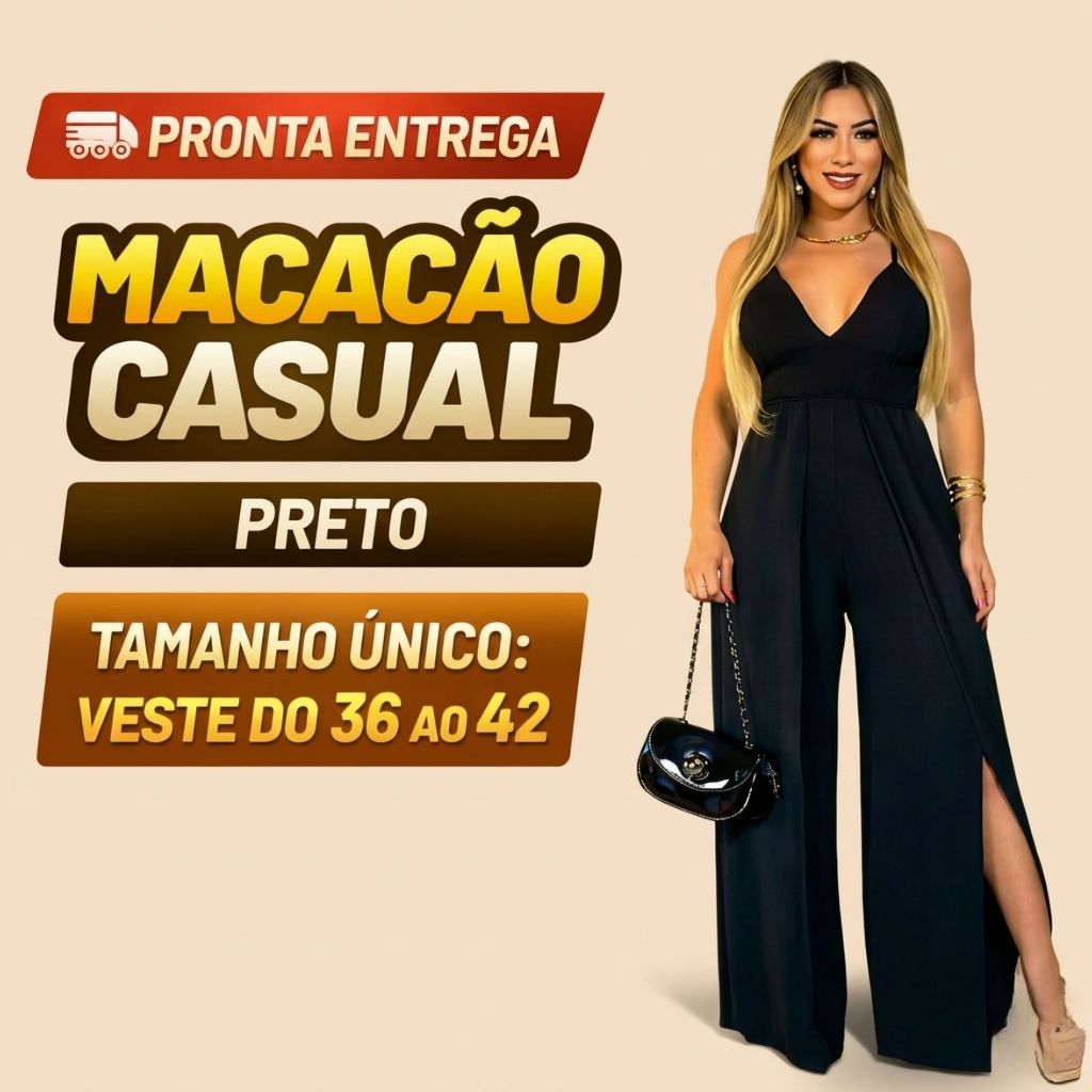 Macacão Pantalona Preto Feminino Social Decotado V Alcinha 2 Fendas