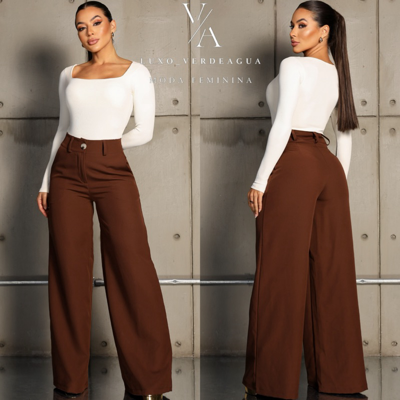 Calça Social Pantalona Wide (Cintura Alta Com Entretela) Alfaiataria Premium Moda Boutique em Oferta na Shopee