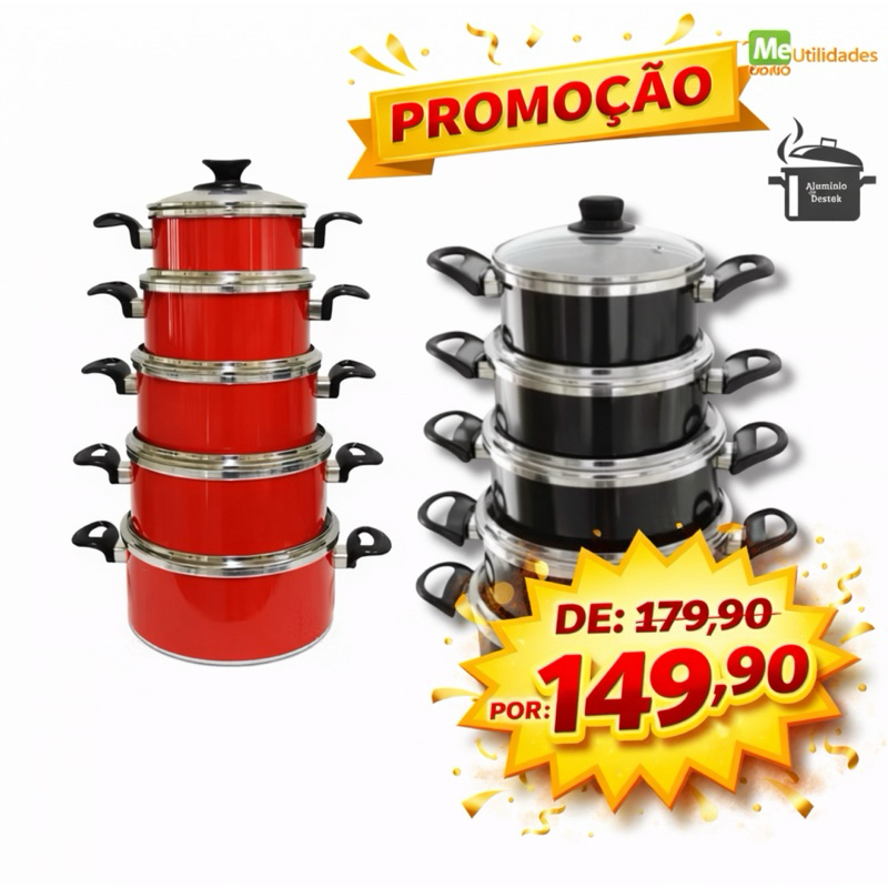 Panelas Reforçada Conjunto de 5 Peças Kit de Panelas - Feito Para Durar Preto e Vermelho - Resistência Máxima(entreg