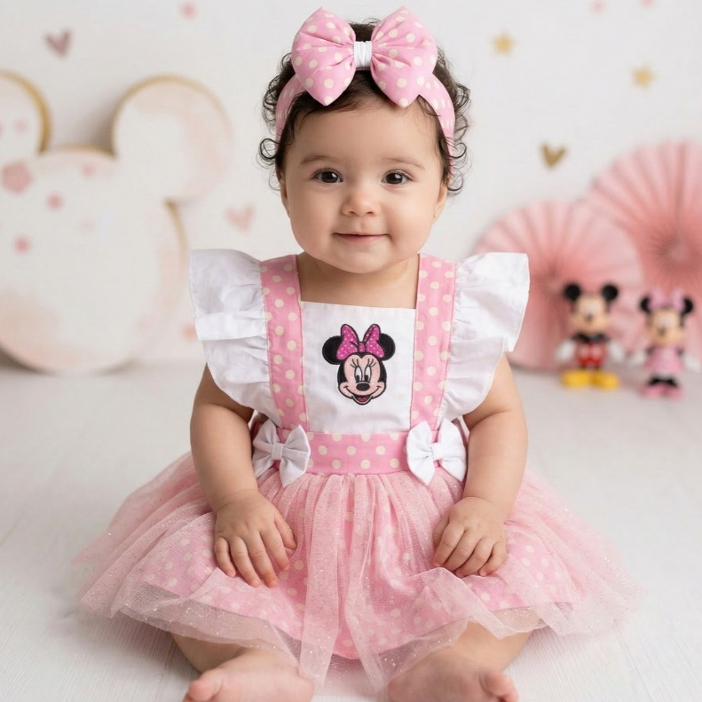 Jardineira Romper Saia Minnie Rosa Salopete Vestido Roupa Para Bebe em Oferta na Shopee