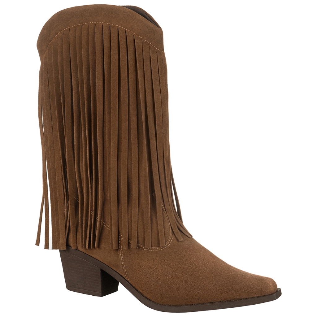 Bota Feminina Texana Camurça Suede FranjaS Cano Médio Western Bico Fino Salto Médio Leona GiGiL