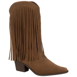 Bota Feminina Texana Camurça Suede FranjaS Cano Médio Western Bico Fino Salto Médio Leona GiGiL