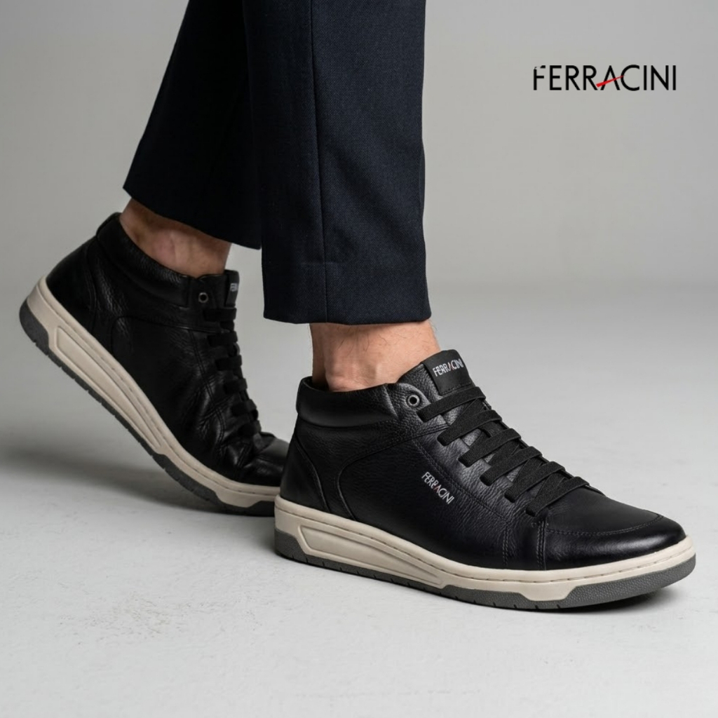 Sapatênis Masculino Ferracini Couro Legítimo Cano Alto 8053-617 Casual Elegante Confortável