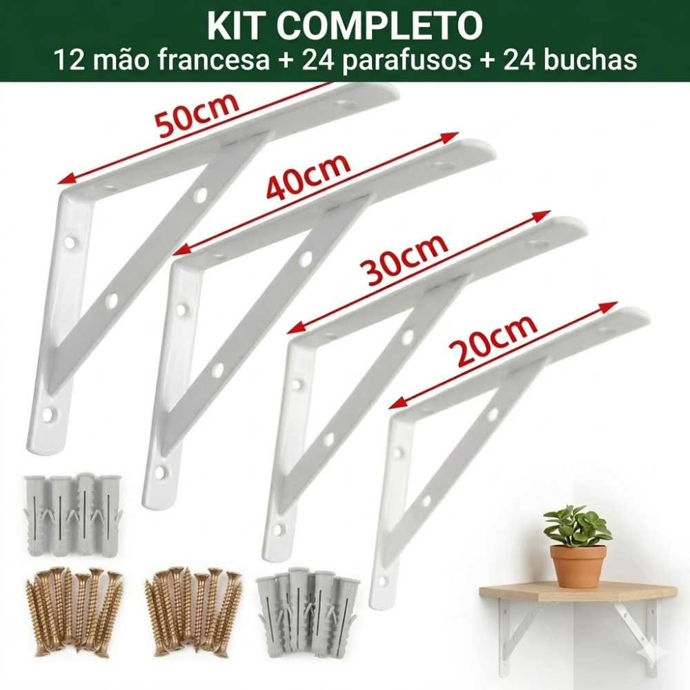 Kit 12 Cantoneiras Diversos Tamanhos + Parafusos e Buchas Mão Francesa Para Prateleira Parede