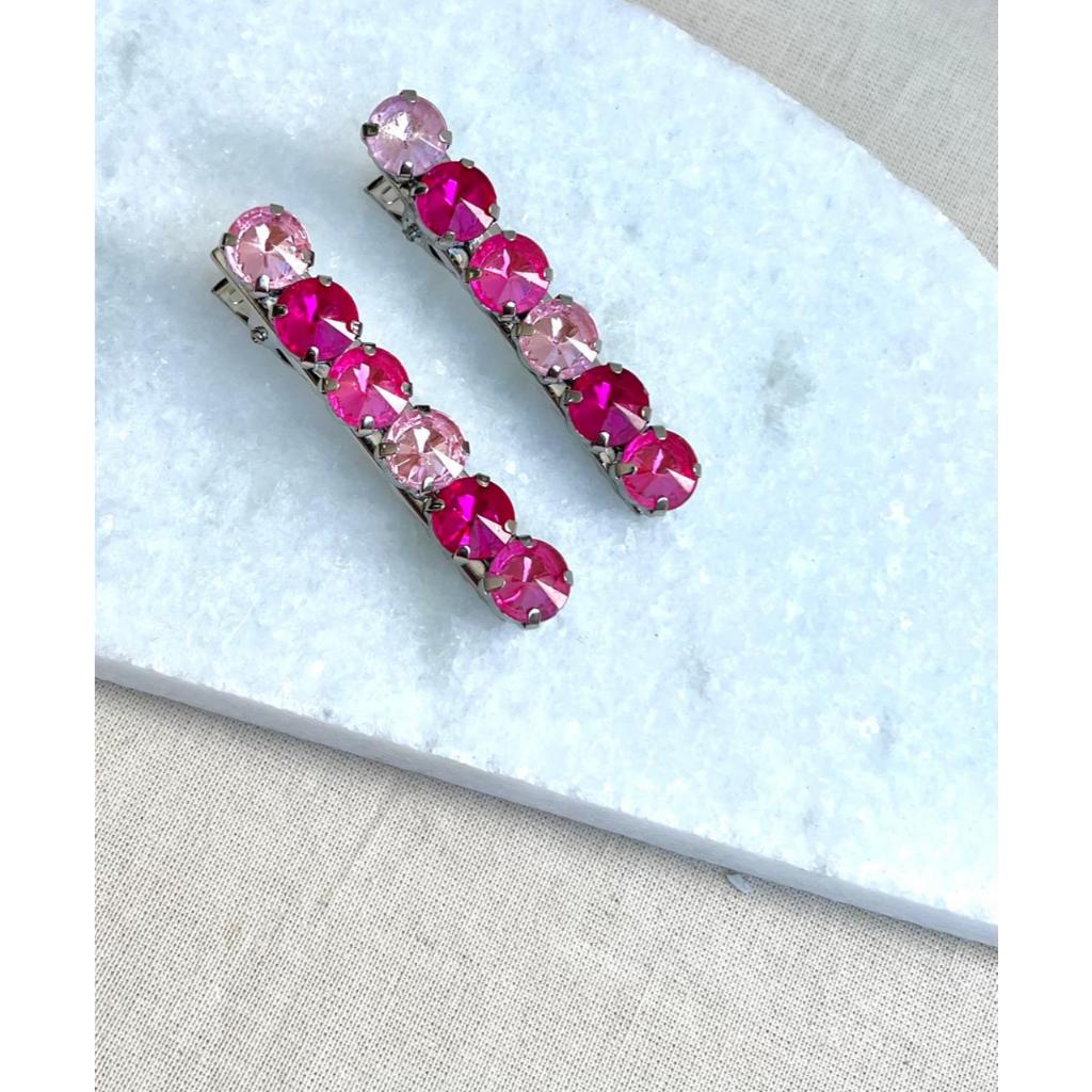 2 Presilhas de cabelo bico de pato com aplicações em pedrarias em grampo de cabelo/acessorio de cabelo ROSA RIVOLI
