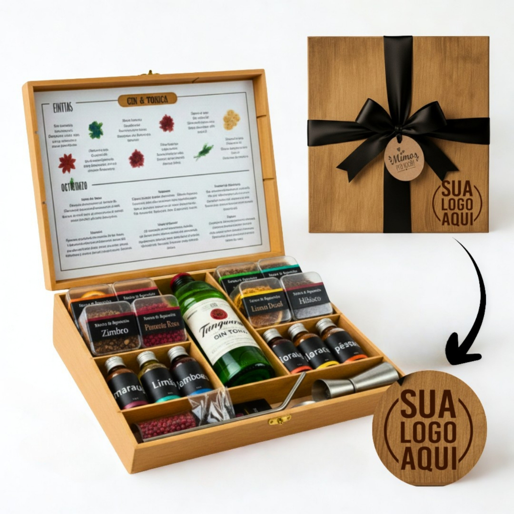 Maleta Estojo Kit Gin - Preparo de Chá e Drinks. Pronto para Presentear - PERSONALIZE COM NOME OU LOGO! em Oferta na Shopee