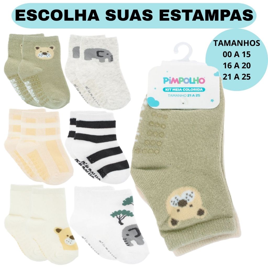Kit 6 Pares Meia Pimpolho Algodão Antiderrapante Bebê Infantil Masculina Menino Recém Nascido RN