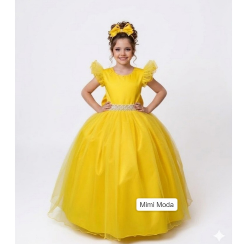 Vestido Infantil Menina Longo Amarelo Dama De Honra Daminha Formatura Evento Casamento Noivinha
