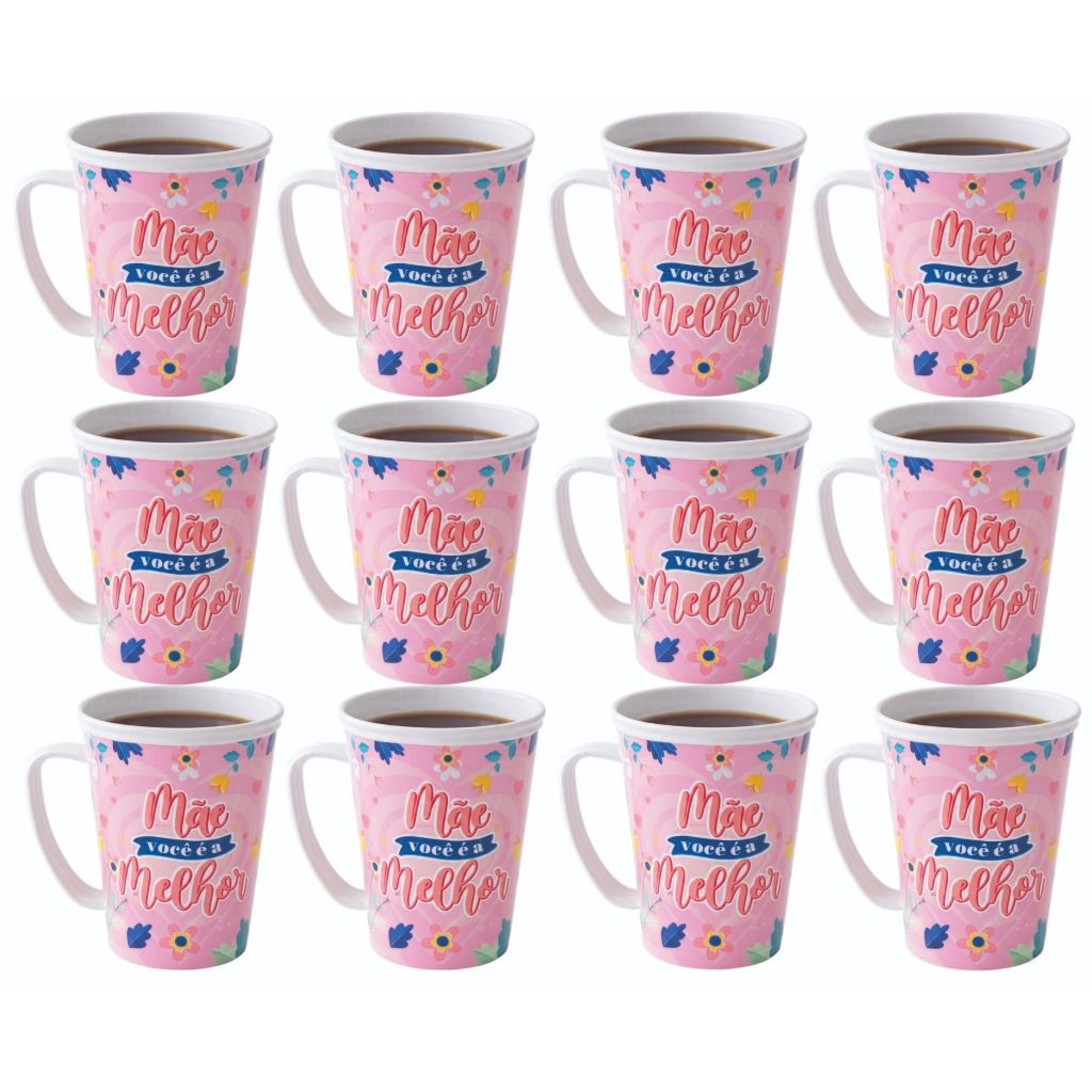 6 caneca Dia das Mães plástico 350 ml BPA FREE micro-onda, freezer e lava-louças