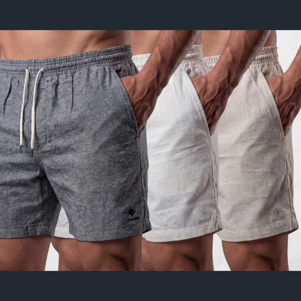 Kit 3 Bermuda Masculina de Linho com Elastano – Bermuda Praiana Confortável Leve Casual