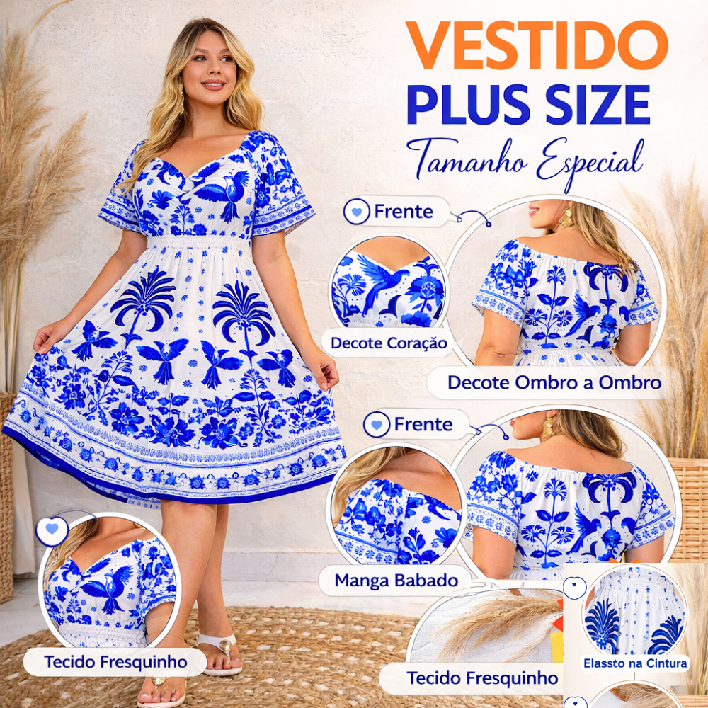 Vestido curto plus size estilo chic e elegante Estampa FARM para festas formatura modelo três marias com mangas