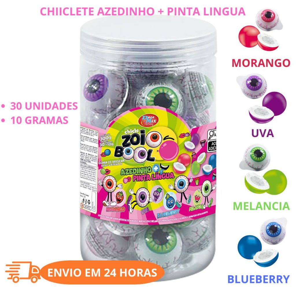 CHICLETE ZOIO BOOL AZEDINHO PINTA LINGUA POTE COM 30 UNIDADES MELANCIA, MORANGO, UVA E BLUEBERRY em Oferta na Shopee