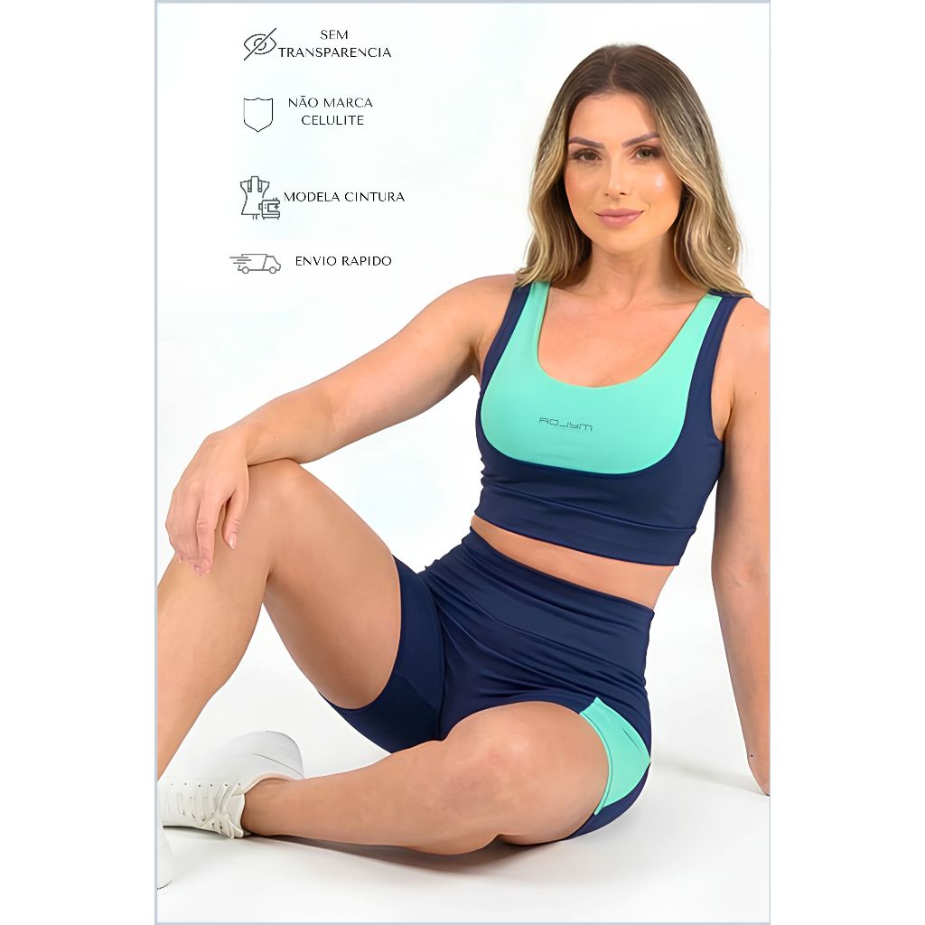 Conjunto Academia Feminino Top Cropped + Shorts  | Cintura Alta | Zero Transparencia | Top Com Bojo | Kit Fitness