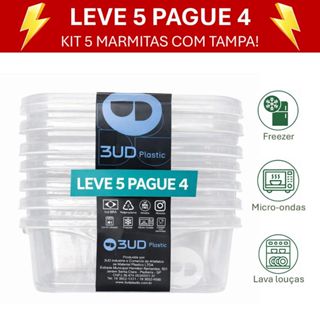 Kit 5 Marmita Fit com Tampa 300ml 700ml 1400ml Pote Plástico Freezer Microondas em Oferta na Shopee