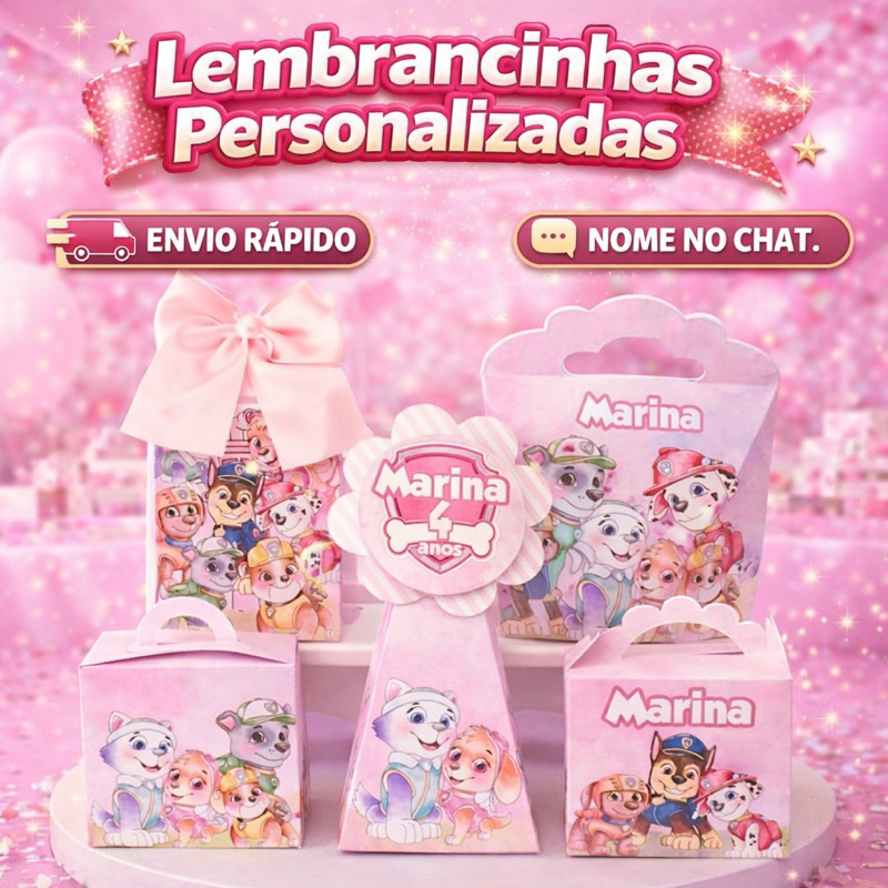 Kit Patrulha Canina Rosa 50 Caixas Personalizadas Lembrancinhas Festa Infantil Caixinhas Milk Aniversário Pegue e Monte