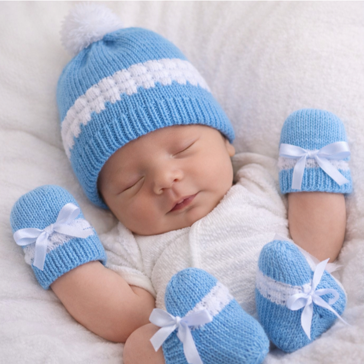 Kit Touca, Luva e Sapatinho Azul com Branco Tricô Bebê