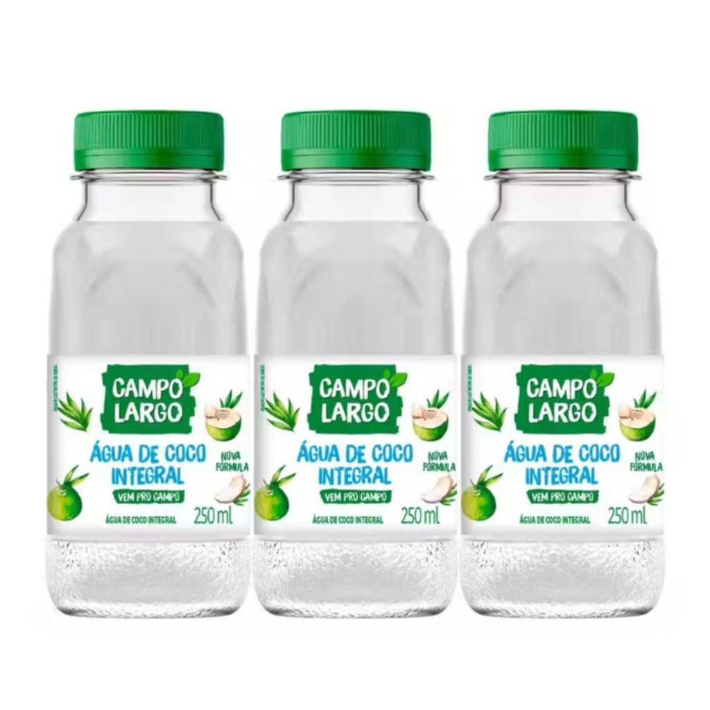 Kit 3 Água de Coco Campo Largo 250ml Bebida Natural Refrescante Pronta Para Beber