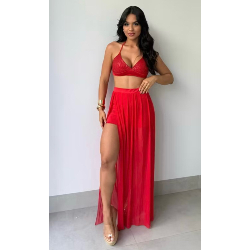 Conjunto Cropped Decote Paete Brilho Costas Amarração e Saia Tule Longa Fenda com Shorts