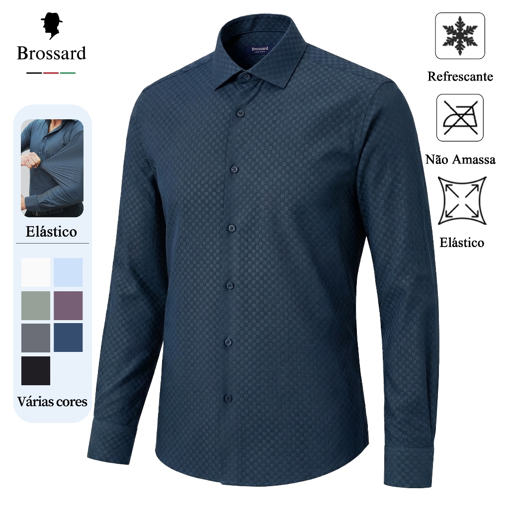 Camisa Social Masculina Moda Slim Manga Longa - Blusa do Brasil Roupa Trabalho Não Amassa Elastano