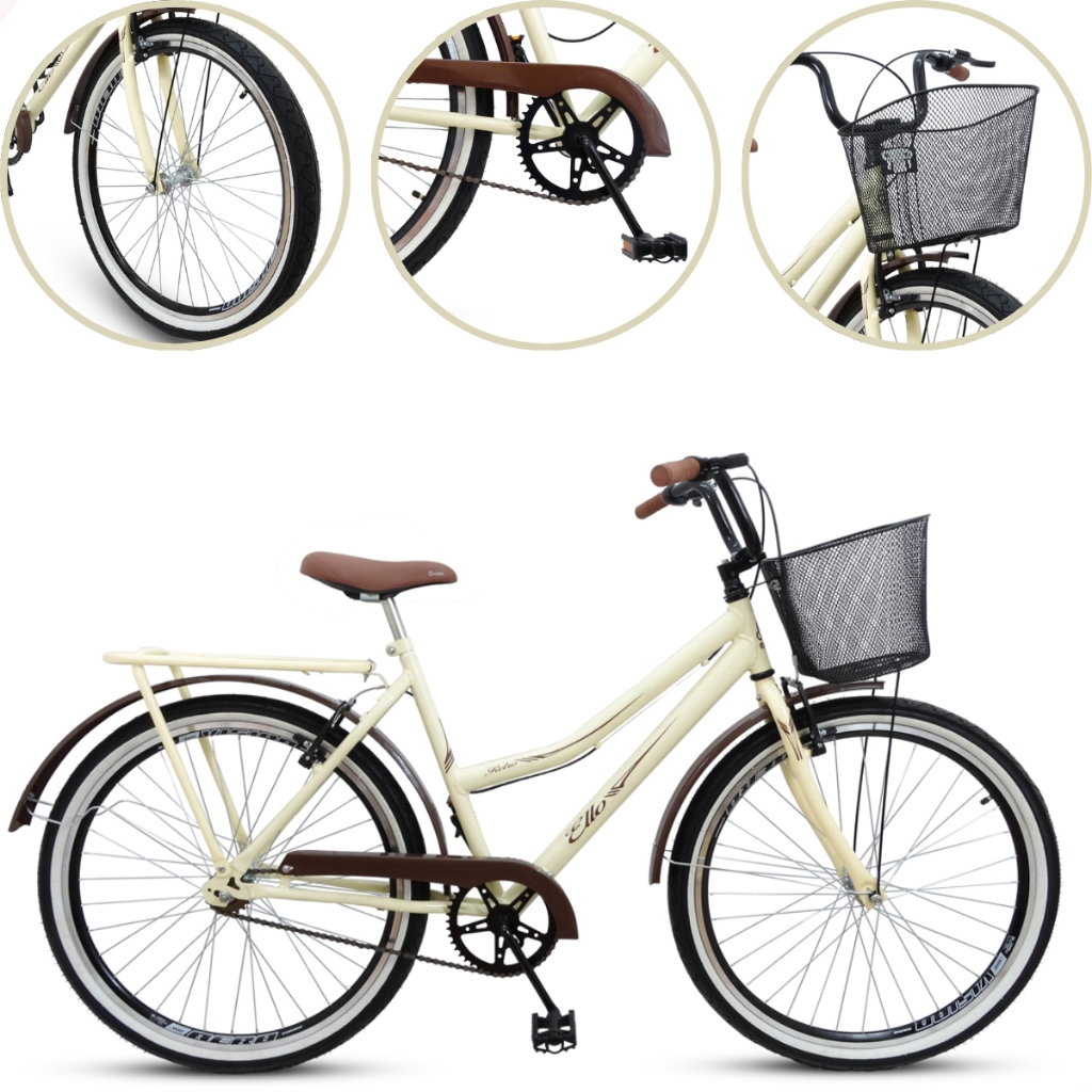 Bicicleta Retro Ello Bike Passeio Aro 26 Vintage Com Cestão E Bagageiro Caiçara Com Freios V-brakes