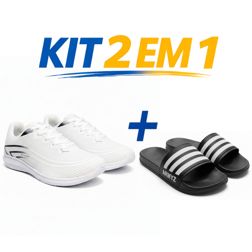 Tenis Masculino Branco Academia Corrida Treino+Chinelo Sandalia Slide Confortavel Macio Calce Facil