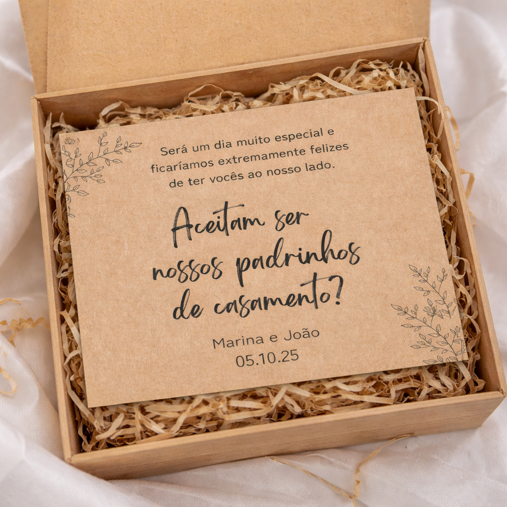 Convite para Caixa de Padrinhos-Madrinhas-Daminha Kraft Rústico Elegante Personalizado com Nome e Data Para Caixa
