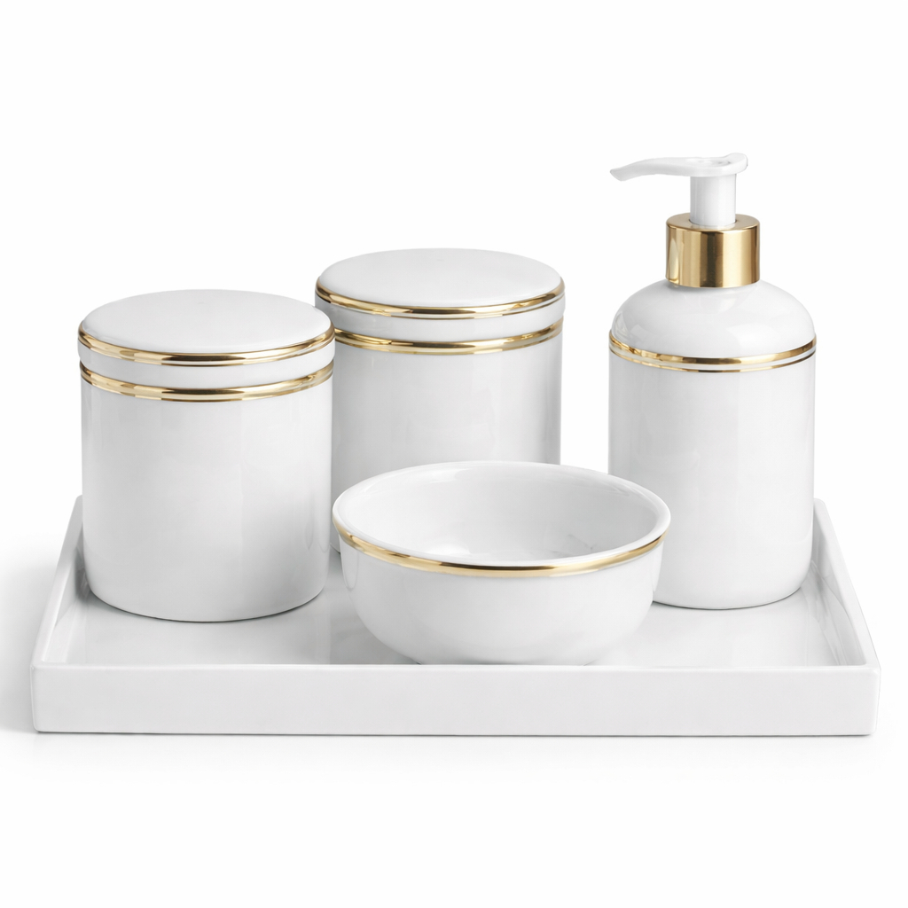 Kit Higiene Bebe Porcelana Filete Ouro Organizacao Decoracao