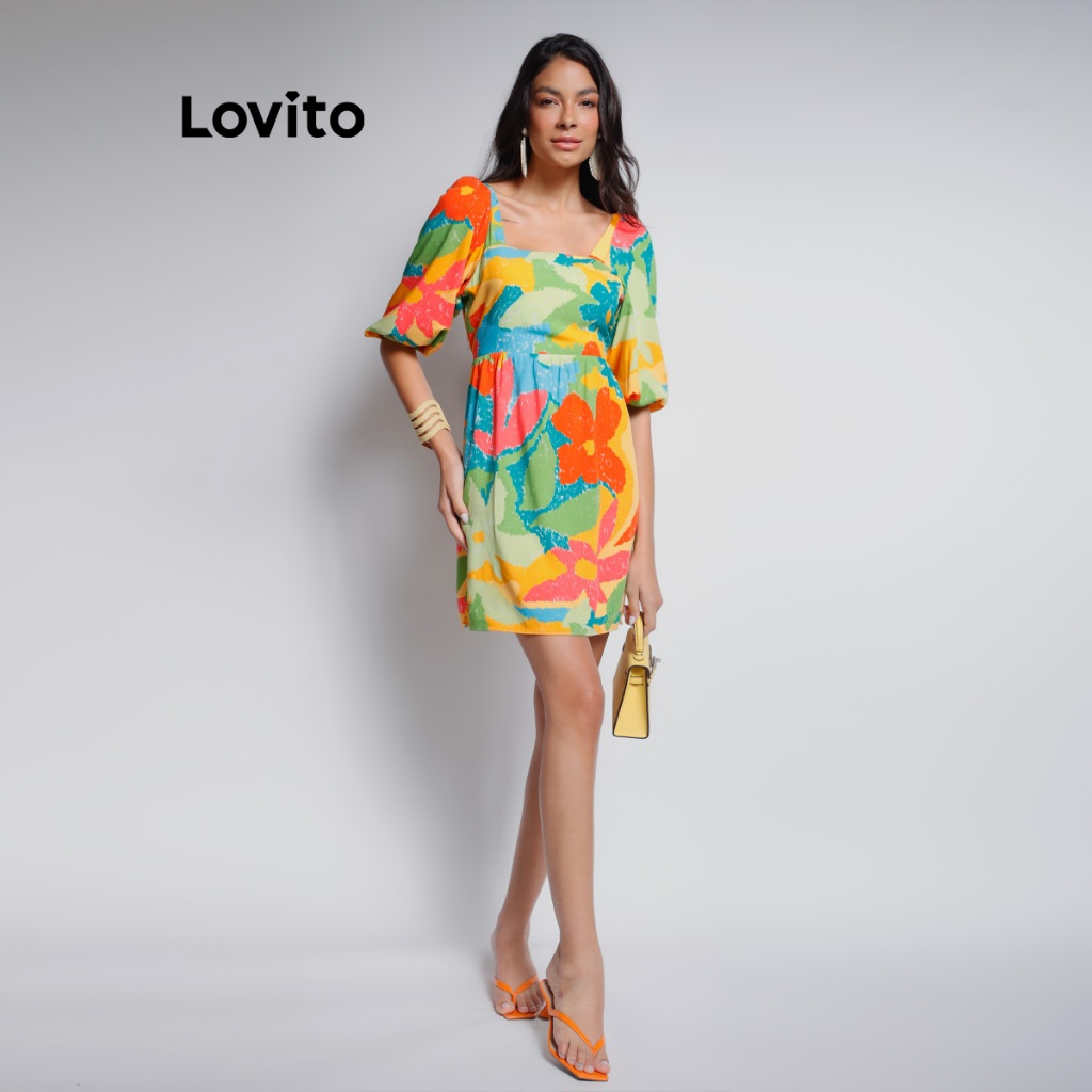 Lovito Bossa l Vestido Feminino em Viscose Com Mangas 3/4 Estampa Colorida DRB618BRL648
