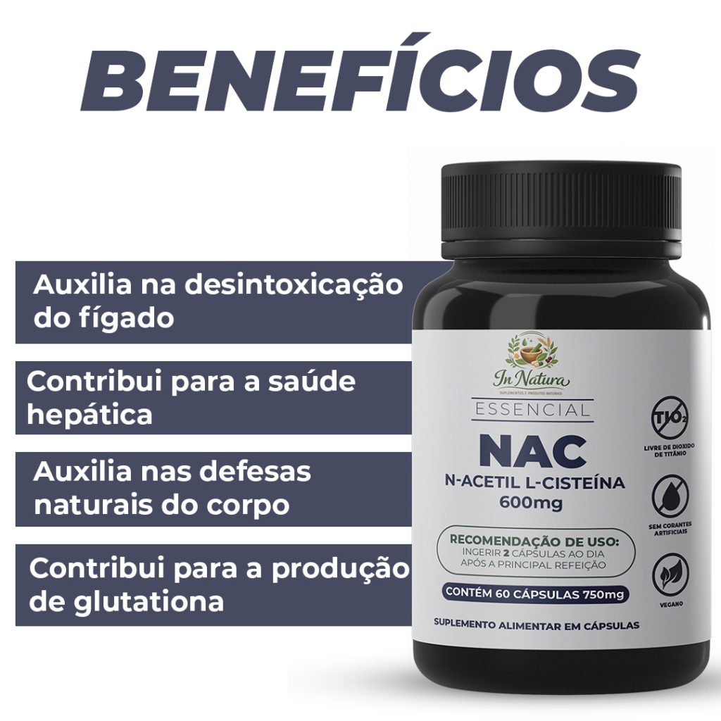 NAC 600mg 60 Cápsulas - Acetil Cisteína Saúde Celular e Hepática. Envio Imediato. em Oferta na Shopee