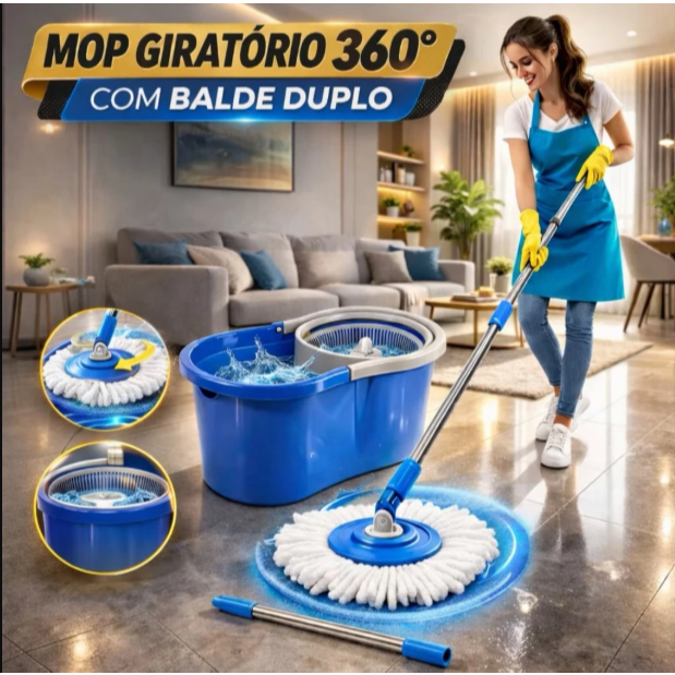 Kit Mop Giratório 360 Balde Duplo 8 Litros Inox Esfregão Limpeza Pesada Varre Limpa Seca