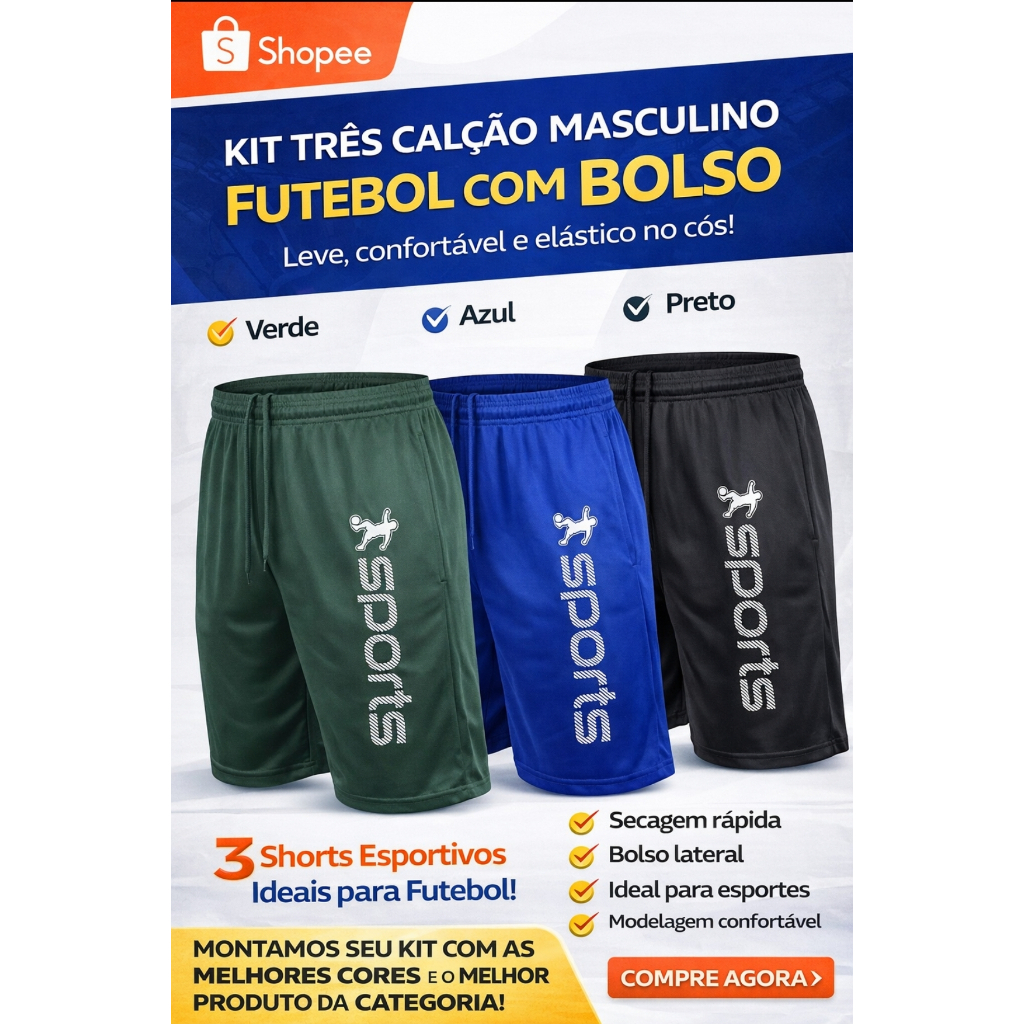 Kit 3 Shorts Masculino Calção Com Bolso Para Academia Treino Futebol e Casual...