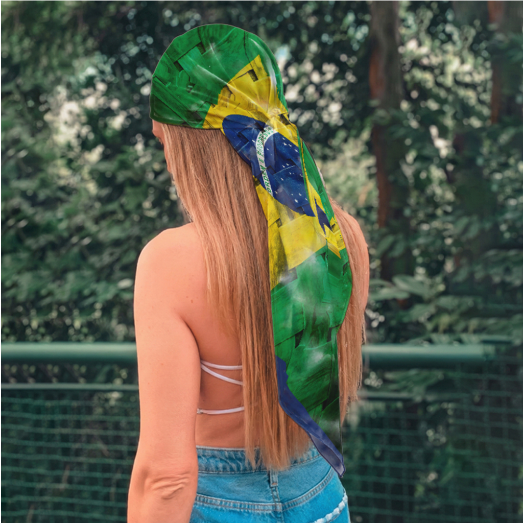 Lenço de Cetim Feminino Turbante Seleção Brasileira Bandeira Brasil Trançado 90x90 cm