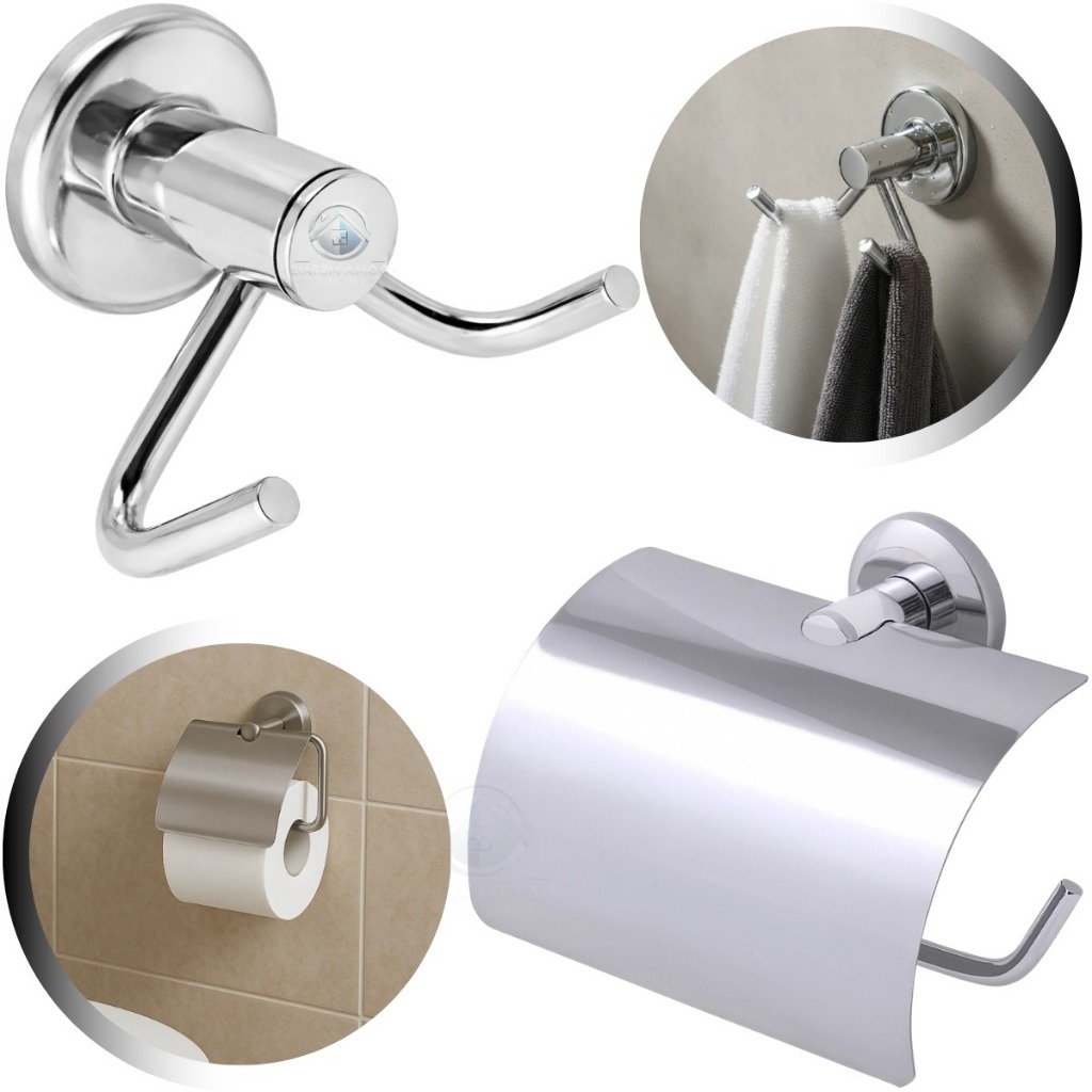 Kit Banheiro Papeleira Com Tampa + Cabide Duplo Inox Cromado Acessórios Para Banheiro