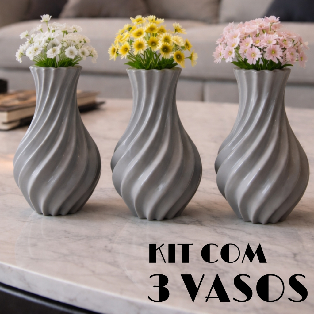 Kit 3 Vasos Decorativos Espiral 3D Moderno para Mesa e Sala Decoração Flores e Plantas