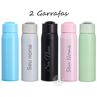 Kit 2 garrafas alumínio 600 ml personalizada com nome tampa rosqueável com alça para transporte