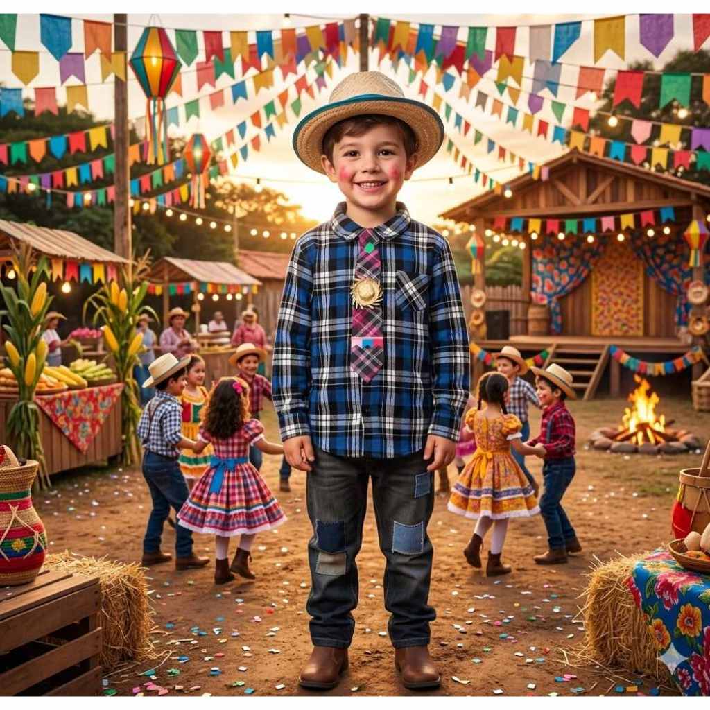 Camisa Xadrez Festa Junina com Chápeu + Gravata Super Luxo Festa Junina