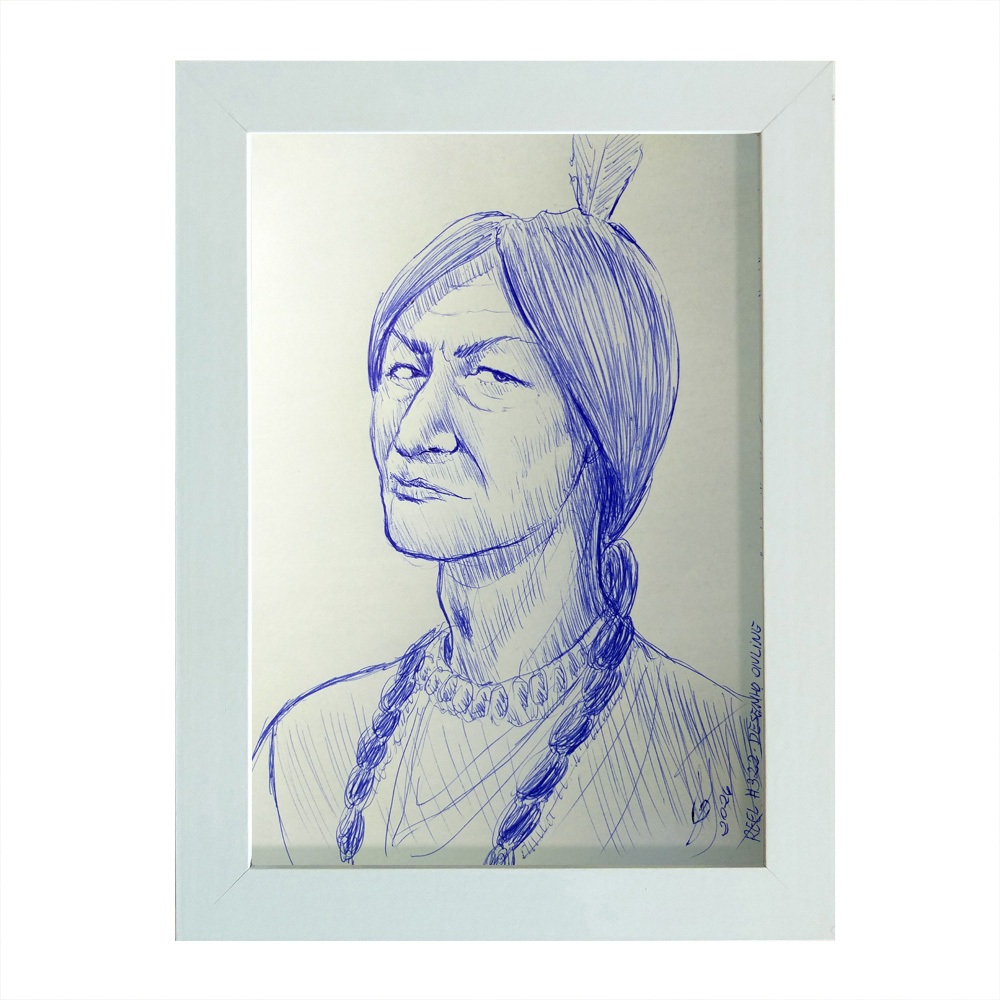 Quadro Desenho Original Caneta Azul Índio A5 Moldurado Assinado ARTE ORIGINAL Reel #322