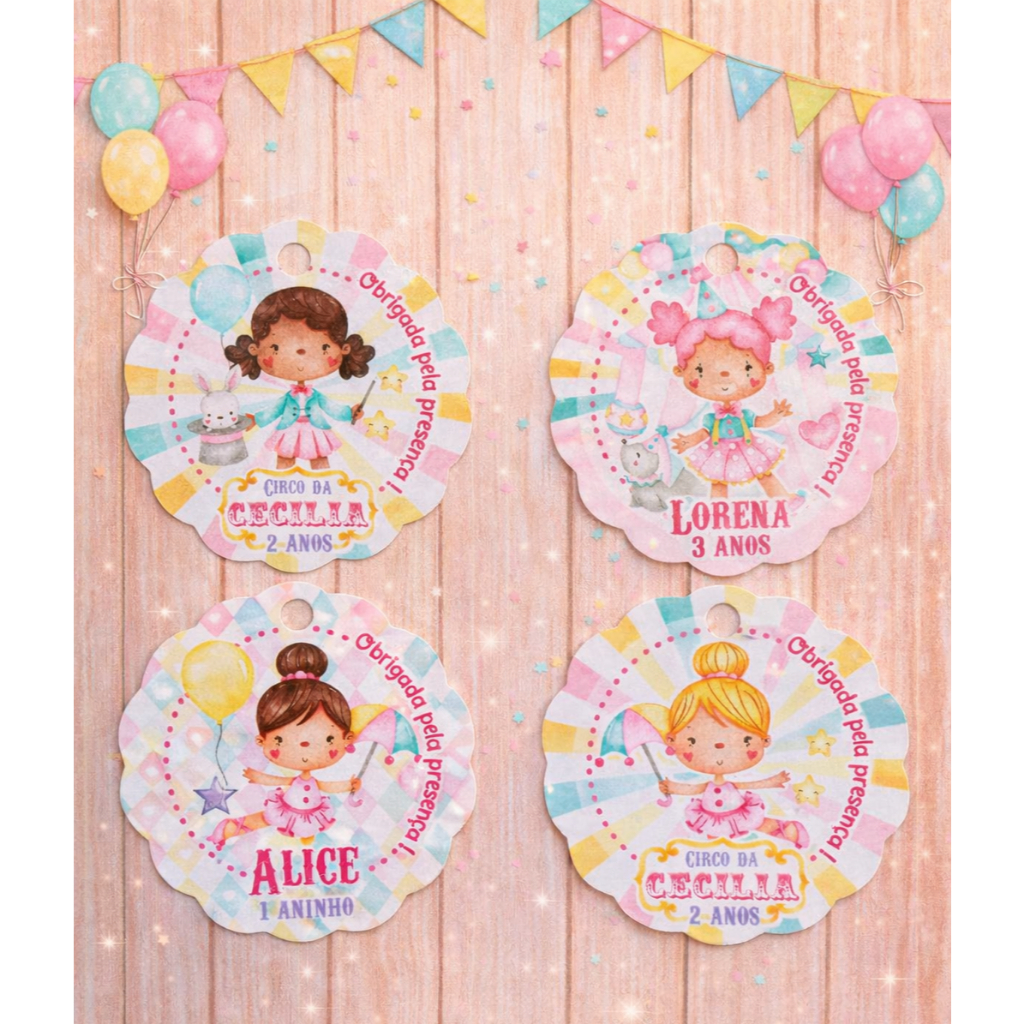 Tag Agradecimento Personalizada Circo Rosa Menina Candy Color - Tag Lembrancinha Festa Infantil Circo Rosa Aquarela