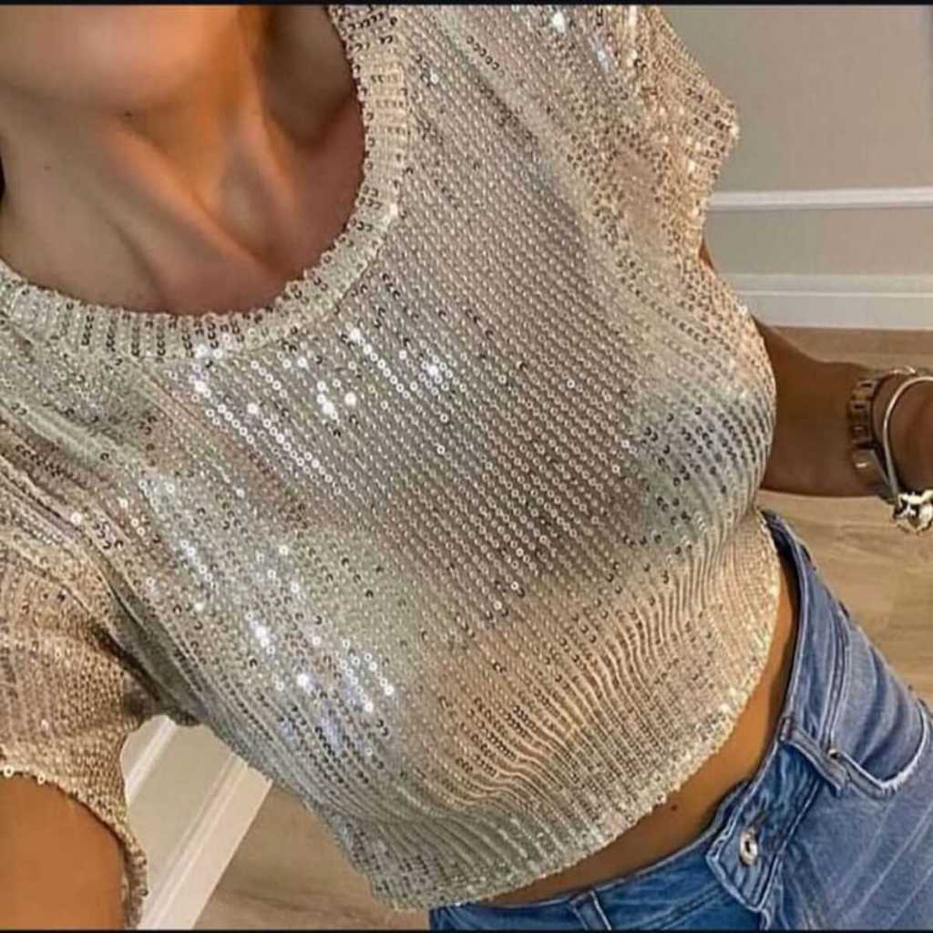 Blusa Cropped Feminina Paetê Brilho Festa Balada Luxo Manga Curta P ao G em Oferta na Shopee