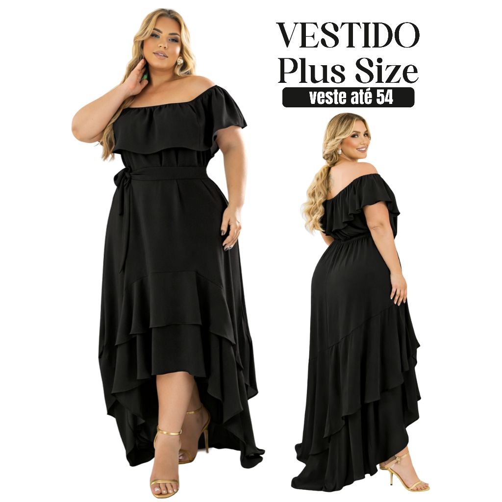 Vestido Plus Size Longo Preto Ciganinha Babado Elegante Festa Veste Até 54 em Oferta na Shopee