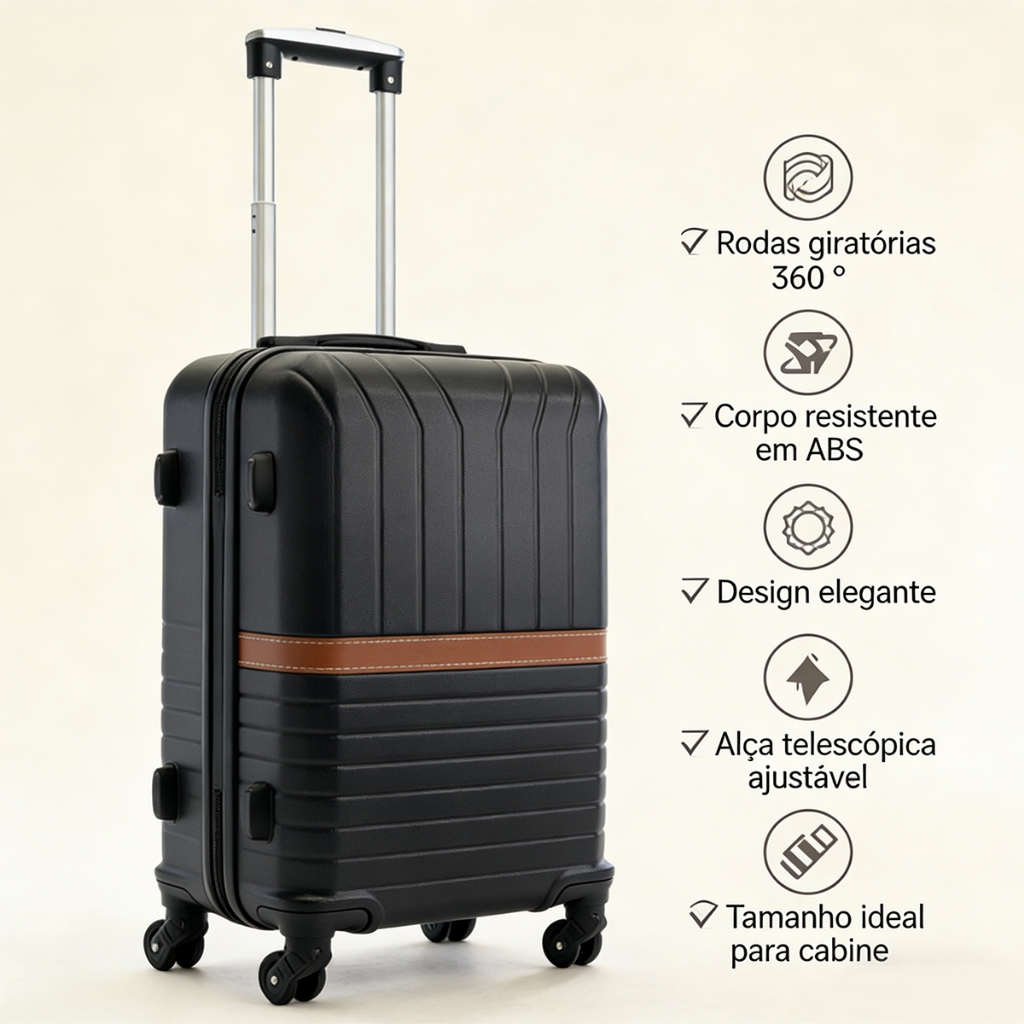 Mala de Viagem 10KG Rígida ABS com Faixa de Couro preto - Rodas 360° | Resistente e Elegante-2401