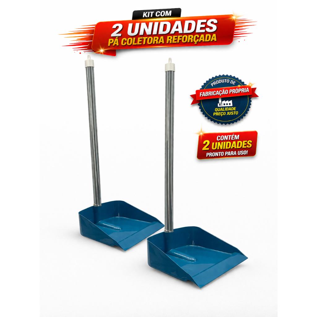 Kit 2 Pás De Lixo Reforçadas Cabo Longo 70cm Alta Resistência