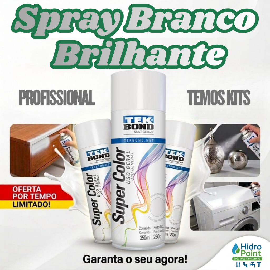 Tinta Spray Branco Brilhante TekBond 350ml Profissional Artesanato Multiuso Pintura