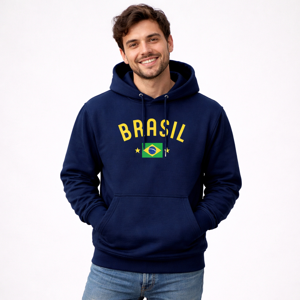 Moletom Brasil Flanelado Inverno Blusa de Frio Capuz Estampa Brasil Unissex Algodão Macio Forrado